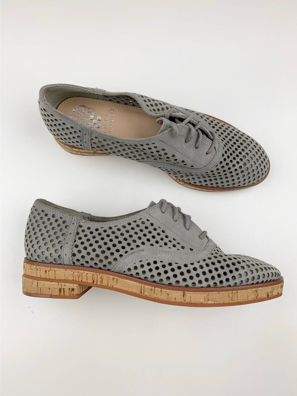 Vince Camuto Oxford Shoes Grey Perforated Suede Lace Up Cork sole Women's 6